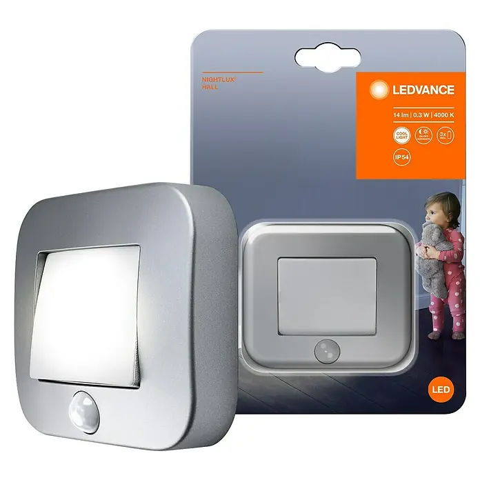 Osram Nightlux LED-Nachtlicht Hall - Silber, L x B x H: 8,4 x 7,3 x 2,2 cm - Das LEDVANCE Nightlux Hall Nachtlicht sorgt für Orientierung im Dunkeln. Das Licht ist mit einem Bewegungssensor ausgestattet.