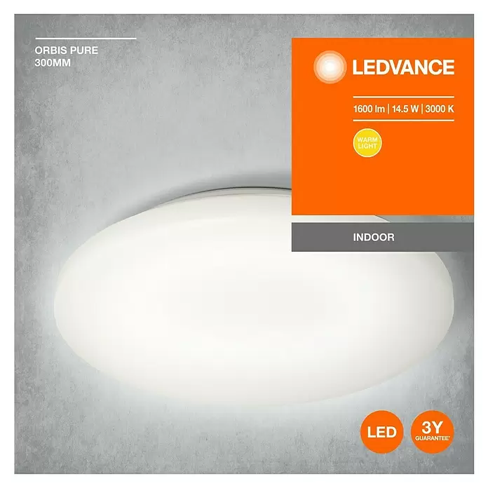 Ledvance LED-Wand- & Deckenleuchte Pure - 16 W, Weiß, Durchmesser: 300 mm - Weißes, rundes LEDVANCE ORBIS PURE 300mm LED Deckenlicht für warmes Innenraumlicht.