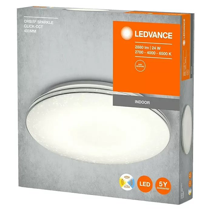 Ledvance Plafón LED para pared y techo Orbis Sparkle Click CCT - 24 W, Blanco diurno, Temperatura del color: 2.700 K - 6.500 K - Lámpara de techo LED redonda de 400mm con efecto brillo y temperatura de color ajustable, en su embalaje.
