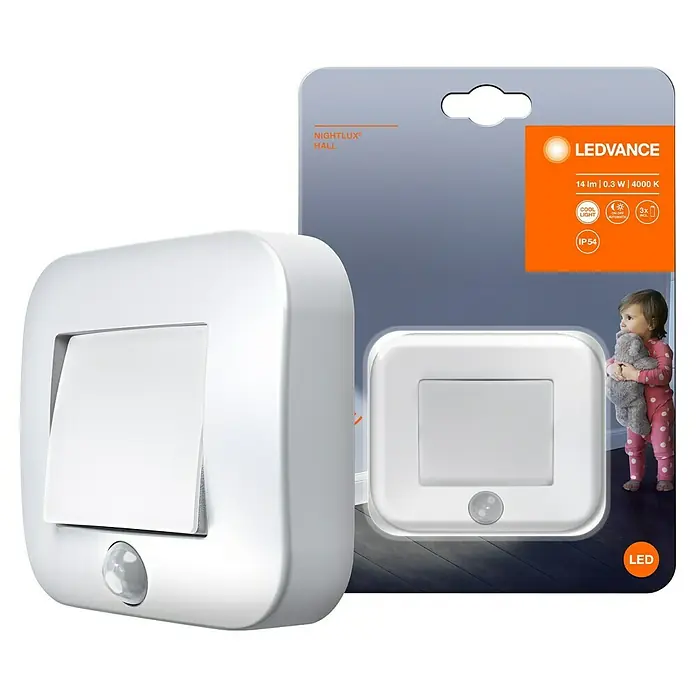 Osram Nightlux LED-Nachtlicht Hall - Schwarz, L x B x H: 8,4 x 7,3 x 2,2 cm - Abbildung einer LEDVANCE NIGHTLUX Hall-Orientierungsleuchte mit Bewegungsmelder, ideal für Flure, Treppen oder Kinderzimmer.