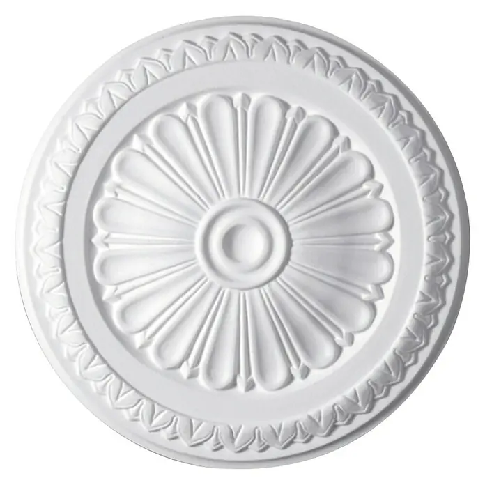 Rosette Classic Style K 9 - Durchmesser: 33 cm, Polystyrol, Weiß - Ein weißes, rundes Deckenornament mit einem floralen Muster, ideal für eine elegante Raumgestaltung.