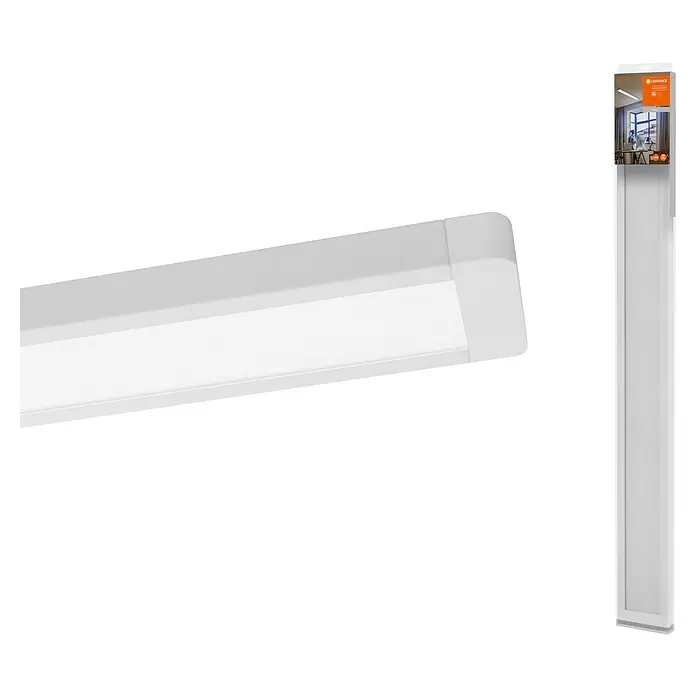 Ledvance LED-Deckenleuchte Office Line - 48 W, L x B x H: 121,5 x 13 x 2,5 cm, Weiß, Neutralweiß - Weiße LED-Lichtleiste und ihre Verkaufsverpackung.