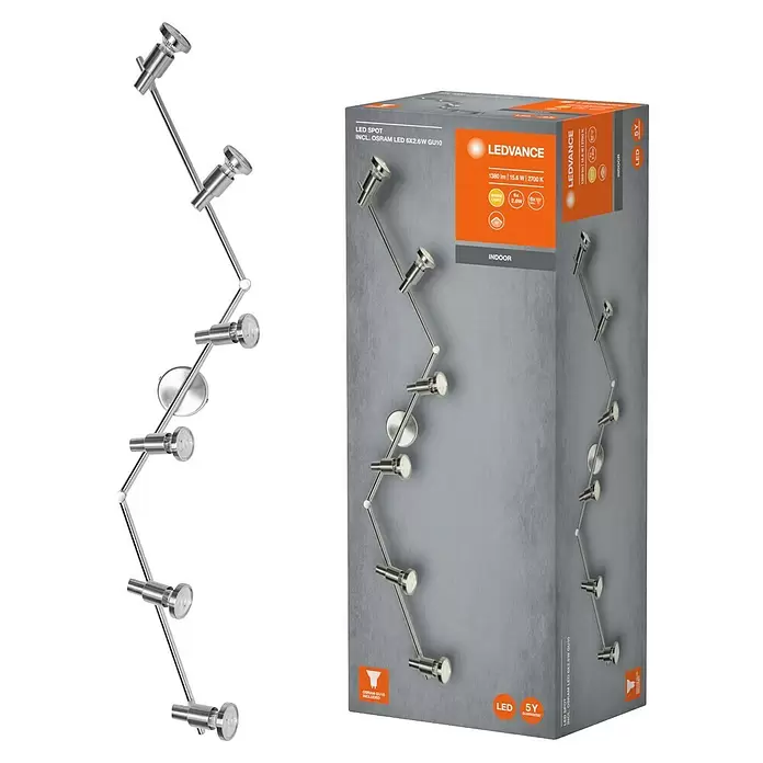 Osram LED-Deckenstrahler - 15,6 W, L x B x H: 1.190 x 80 x 170 mm, Nickel matt, Warmweiß, 6 Stk. - Silberne LED-Spotleiste mit sechs verstellbaren Köpfen, zusammen mit der Verkaufsverpackung.