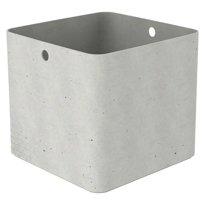 Curver Aufbewahrungsbox Beton XL - L x B x H: 28 x 28 x 26 cm, Material: Kunststoff, Beton - Ein moderner, grauer Betonwürfel mit abgerundeten Kanten und Löchern, ideal als Pflanzgefäß oder stilvolle Aufbewahrung.