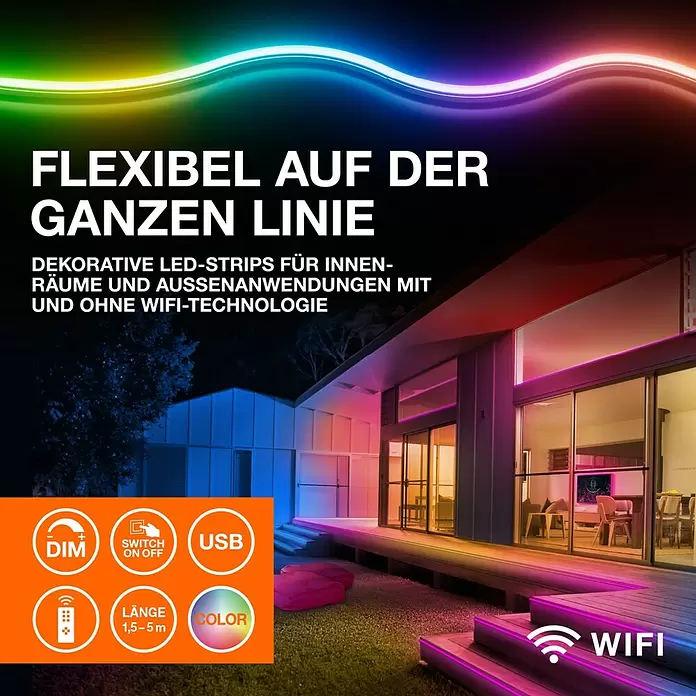 Osram Smart+ LED-Band Flex außen - Länge: 300 cm, Lichtfarbe: RGBW, 12,5 W, 740 lm, 220 V - 240 V - Bunte, flexible LED-Lichtstreifen beleuchten ein modernes Haus innen und außen, mit Funktionen wie Dimmen, USB, Fernbedienung und WiFi.