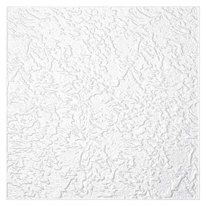 Deckenplatte Dekor 81 - 50 x 50 cm, Weiß, 2 m², Polystyrol - Eine Nahaufnahme einer weißen, strukturierten Oberfläche, die eine unebene und reliefartige Beschaffenheit des Produkts zeigt. Ideal für Texturen.