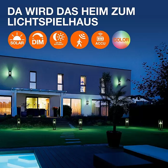 Osram Außenstehleuchte Endura Style solar -  - Außenwand- und Gartenleuchten erhellen Haus und Garten bei Nacht grün; mit Solar, Dimmfunktion, Automatik, Bewegungssensor, Akku und Farbe.