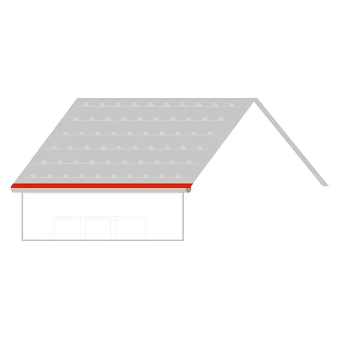 Metdach Schürze für Dachrinne PP12 - Anthrazit, Länge: 100 cm, Stahl - Illustration eines Hausdachs mit roten Dachrinnen und grauen Dachziegeln, das ein einfaches, stilvolles Design zeigt.
