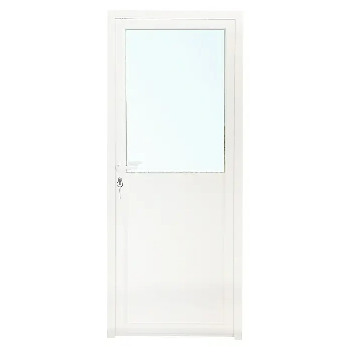 Solid Elements Balconera practicable de aluminio semiacristalada - 85 x 200 cm, Derecha, Blanco - Una puerta blanca con una ventana rectangular en la parte superior y un manija con llave en el lateral. Acceso seguro y elegante.