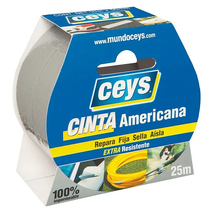 Ceys Film adhesivo americana - Gris, 25 m x 50 mm - Un rollo de cinta americana Ceys "Cinta Americana", 100% impermeable, para reparaciones, fijaciones, sellado y aislamiento, extra fuerte, de 25 m de largo.