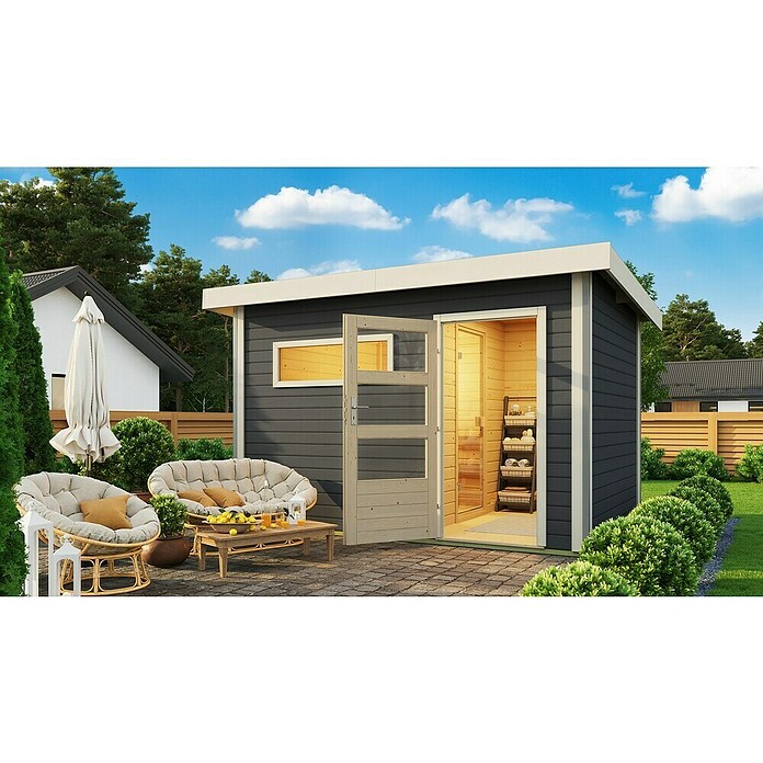 Karibu Saunahaus Danga (9 kW Saunaofen mit externer Steuerung, Terragrau, L x B x H: 231 x 336 x 227 cm) | BAUHAUS