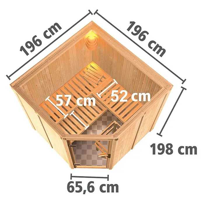 Karibu Elementsauna Gibeon - 9 kW Bio-Saunaofen mit externer Steuerung, L x B x H: 196 x 196 x 198 cm - Bild einer Ecksauna mit genauen Maßangaben.