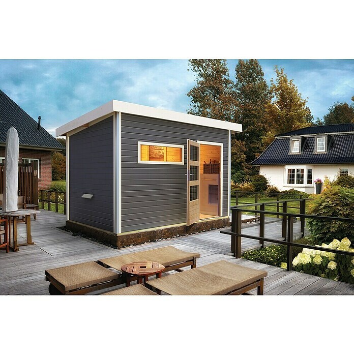 Karibu Saunahaus Danga (9 kW Saunaofen mit externer Steuerung, Terragrau, L x B x H: 231 x 336 x 227 cm) | BAUHAUS