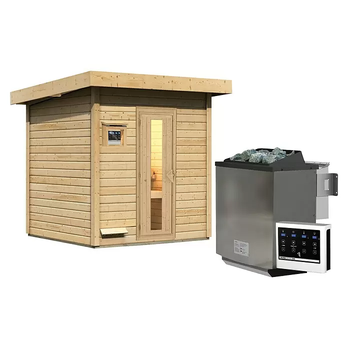 Karibu Massivholzsauna Usakos - 9 kW Bio-Saunaofen mit externer Steuerung, L x B x H: 196 x 196 x 228 cm - Holzsaunakabine und separater metallischer Saunaofen mit digitalem Bedienfeld.
