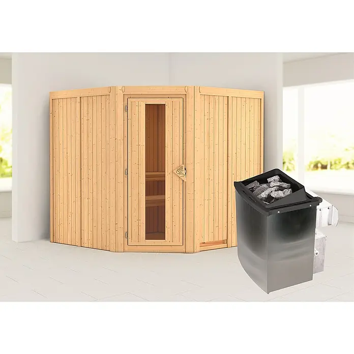Karibu Elementsauna Gibeon - 9 kW Saunaofen mit integrierter Steuerung, L x B x H: 196 x 196 x 198 cm - Eine hölzerne Sauna mit Glastür und ein Saunaofen, der mit grauen Saunasteinen gefüllt ist, stehen im Raum.