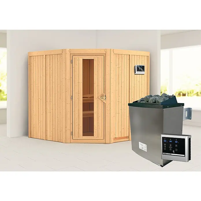 Karibu Elementsauna Gibeon - 9 kW Saunaofen mit externer Steuerung, L x B x H: 196 x 196 x 198 cm - Sauna-Ensemble: Eine helle Holzsauna mit Glastür und ein silberfarbener Saunaofen mit Bedienfeld stehen in einem hellen Raum.