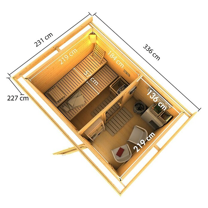 Karibu Saunahaus Danga (9 kW Saunaofen mit externer Steuerung, Natur, L x B x H: 231 x 336 x 227 cm) | BAUHAUS