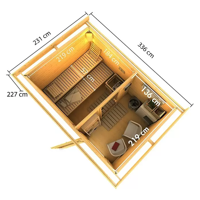 Karibu Saunahaus Danga - 9 kW Bio-Saunaofen mit externer Steuerung, Terragrau, L x B x H: 231 x 336 x 227 cm - Holzsauna-Kabine innen, mit Bänken, Ofen und Fußmatten, sowie verschiedenen Maßangaben in cm.