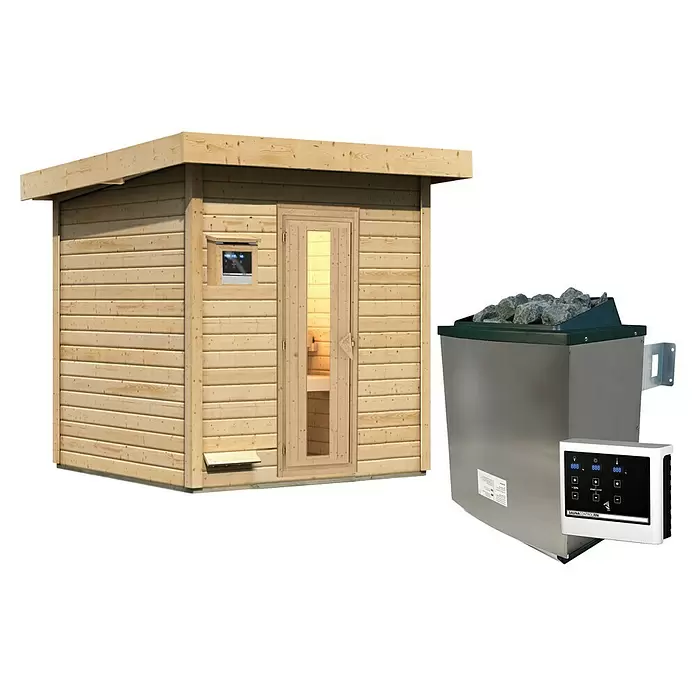 Karibu Massivholzsauna Usakos - 9 kW Saunaofen mit externer Steuerung, L x B x H: 196 x 196 x 228 cm - Saunakabine aus hellem Holz mit Glastür, daneben ein Edelstahl-Saunaofen mit Bedienfeld.