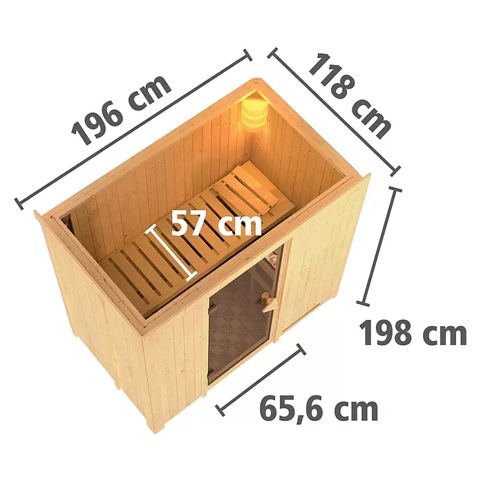 Karibu Elementsauna Nafidi - 9 kW Saunaofen mit externer Steuerung, L x B x H: 118 x 196 x 198 cm - Helle Holzsauna mit Innenbank, Glastür. Maße: 196x118x198 cm, 57 cm breite Bank, 65,6 cm Tür.