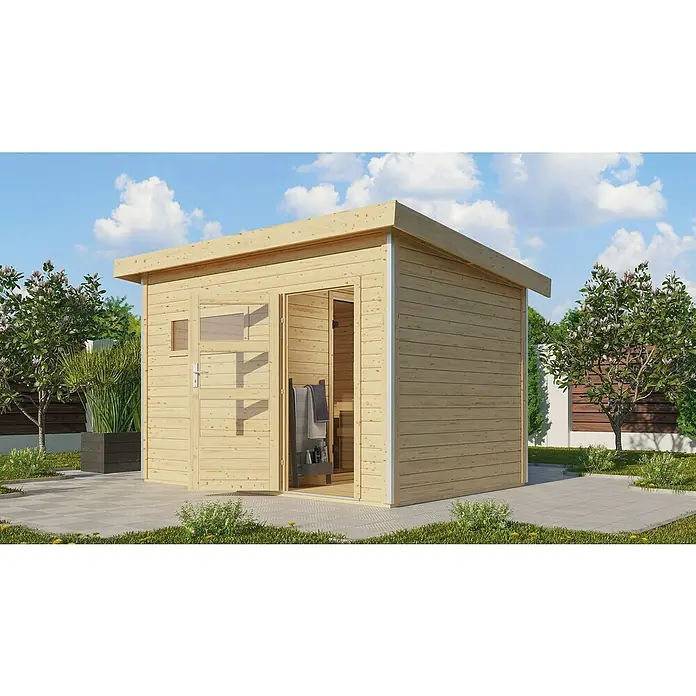 Karibu Saunahaus Danga - 9 kW Bio-Saunaofen mit externer Steuerung, Natur, L x B x H: 231 x 336 x 227 cm - Moderne Gartensauna aus hellem Holz mit Flachdach und Glastür, umgeben von Grün. Ideal für Entspannung im eigenen Garten.