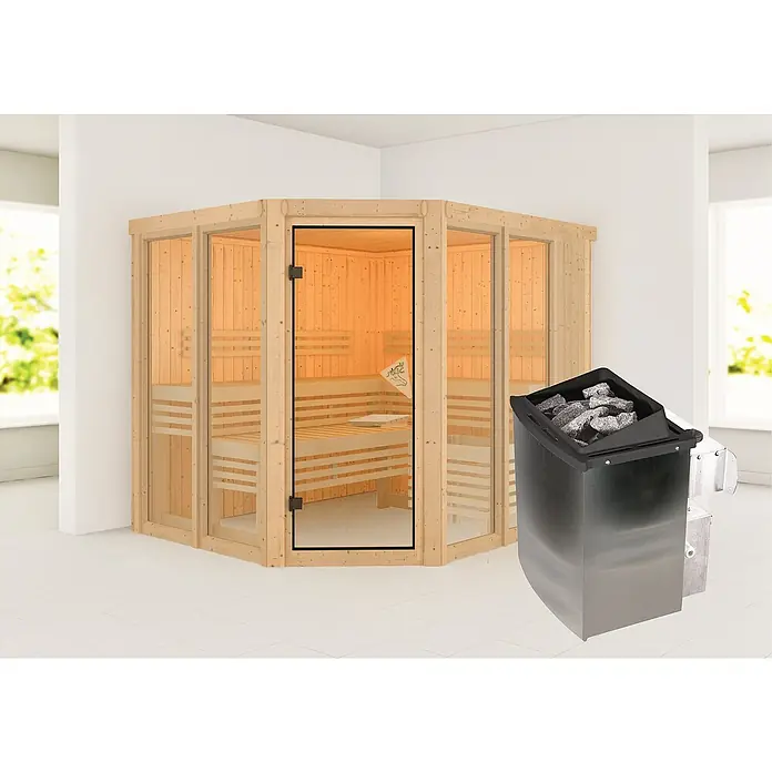 Karibu Elementsauna Katima - 9 kW Saunaofen mit integrierter Steuerung, L x B x H: 196 x 231 x 198 cm - Ein Ecksauna-Modell mit Holzbänken und Glasfront, daneben ein Saunaofen mit Saunasteinen.