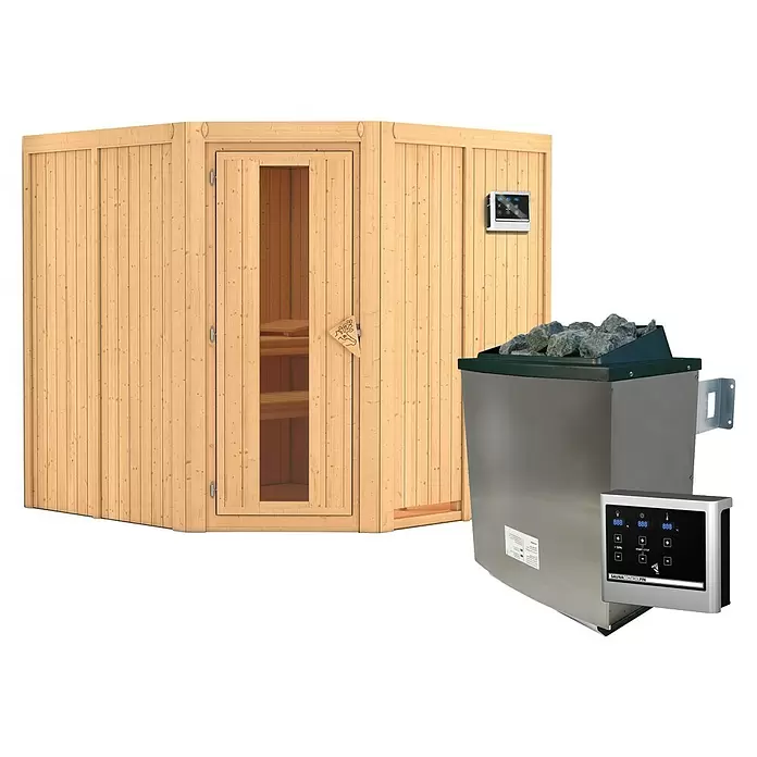 Karibu Elementsauna Gibeon - 9 kW Saunaofen mit externer Steuerung, L x B x H: 196 x 196 x 198 cm - Helle Holzsaunakabine mit Glastür, Metall-Saunaofen mit Steinen und zwei Bedienfeldern.