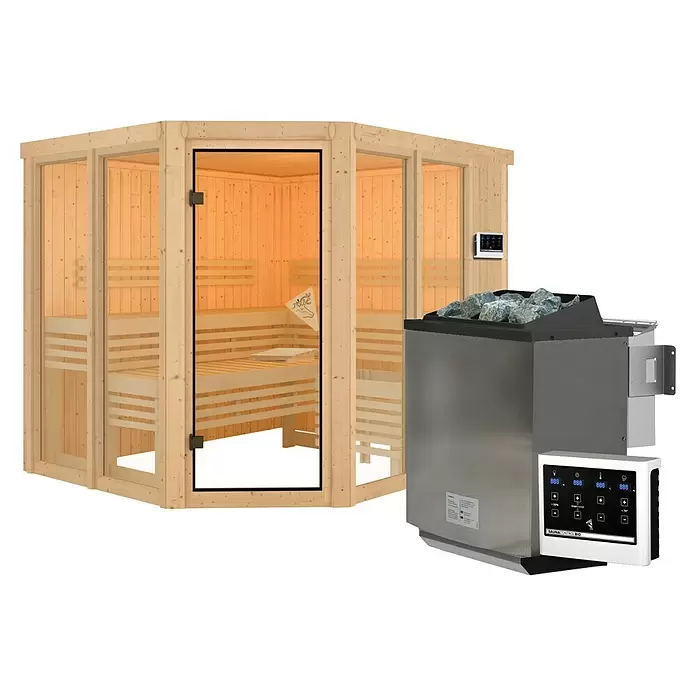 Karibu Elementsauna Katima - 9 kW Bio-Saunaofen mit externer Steuerung, L x B x H: 196 x 231 x 198 cm - Eine Ecksaunakabine aus hellem Holz mit Glaspaneelen und Bänken, daneben ein Edelstahl-Saunaofen mit Bedienfeldern und Steinen.