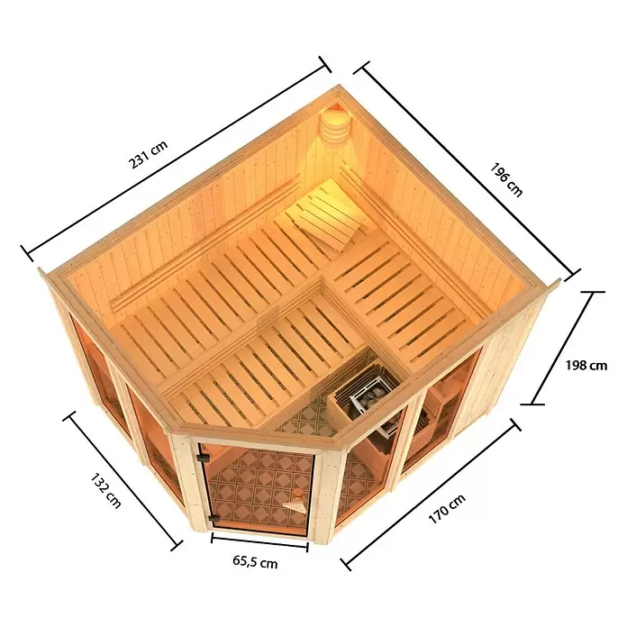 Karibu Elementsauna Katima - 9 kW Bio-Saunaofen mit externer Steuerung, L x B x H: 196 x 231 x 198 cm - Helle Ecksauna aus Holz mit Glastür, Innenbänken und Maßen.