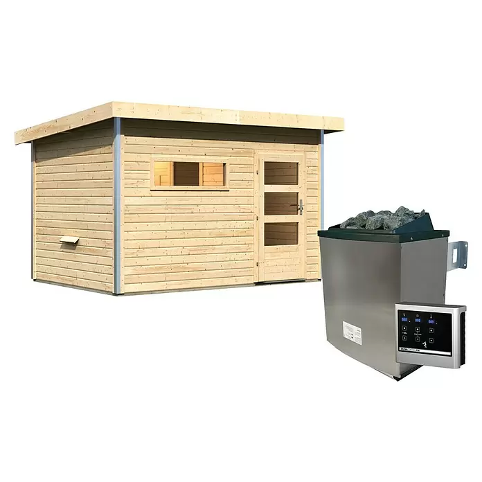 Karibu Saunahaus Danga - 9 kW Saunaofen mit externer Steuerung, Natur, L x B x H: 231 x 336 x 227 cm - Helle Holzsaunakabine mit separatem silbernem Saunaofen, ausgestattet mit dunkler Steinablage und digitalem Bedienfeld.