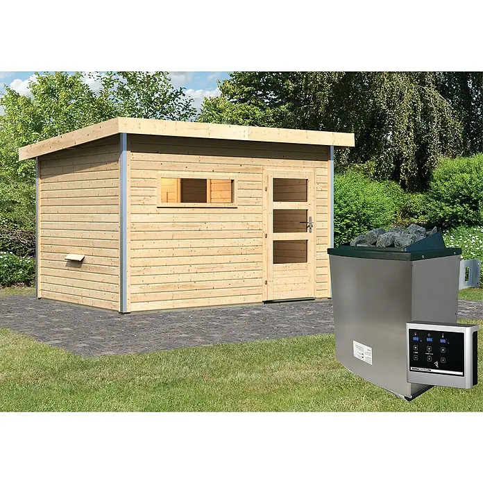 Karibu Saunahaus Danga - 9 kW Saunaofen mit externer Steuerung, Natur, L x B x H: 231 x 336 x 227 cm - Ein helles Holzgebäude mit einem modernen Saunaofen mit Steinen. Der Saunaofen verfügt über ein digitales Bedienfeld.