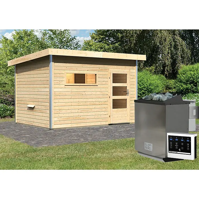 Karibu Saunahaus Danga - 9 kW Bio-Saunaofen mit externer Steuerung, Natur, L x B x H: 231 x 336 x 227 cm - Das Bild zeigt eine moderne Gartensauna mit Holzverkleidung und einem Saunaofen mit Steinen im Außenbereich.