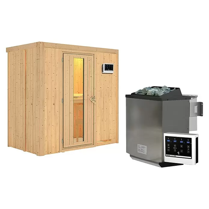 Karibu Elementsauna Nafidi - 9 kW Bio-Saunaofen mit externer Steuerung, L x B x H: 118 x 196 x 198 cm - Helle Holzsaunakabine mit Glastür, zusammen mit einem Edelstahl-Saunaofen und digitalem Bedienfeld.