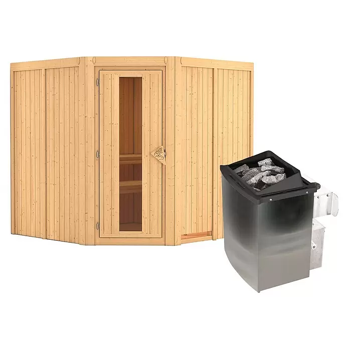 Karibu Elementsauna Gibeon - 9 kW Saunaofen mit integrierter Steuerung, L x B x H: 196 x 196 x 198 cm - Helle Holz-Ecksauna mit Glastür und separatem schwarz-silbernem Saunaofen mit Steinen.