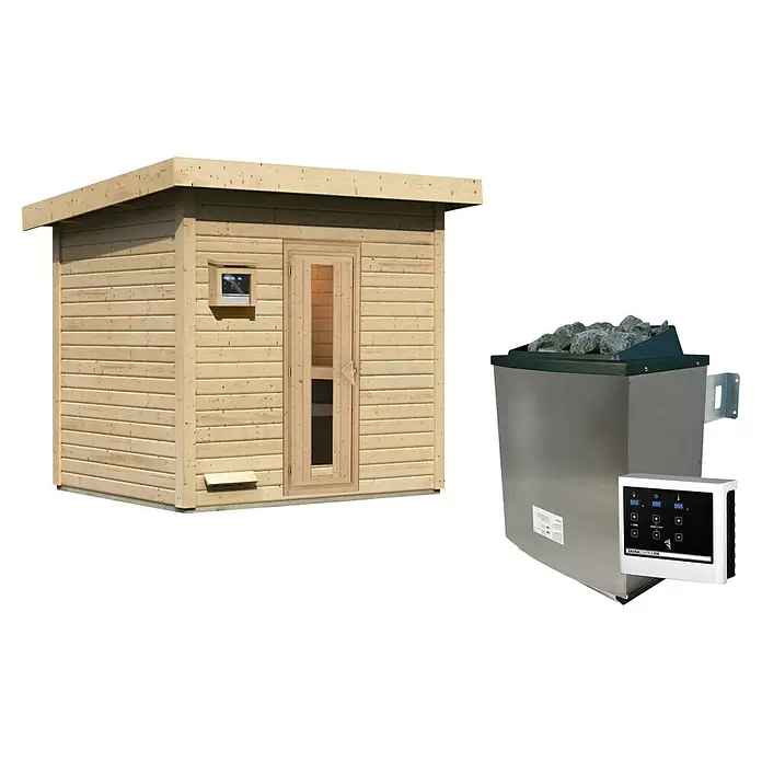 Karibu Massivholzsauna Usakos - 9 kW Saunaofen mit externer Steuerung, L x B x H: 196 x 231 x 228 cm - Hölzerne Saunakabine mit Glastür und separater Edelstahl-Saunaofen mit Steinen und digitalem Bedienfeld.