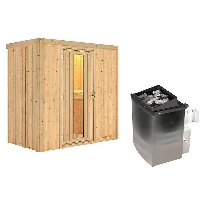 Karibu Elementsauna Nafidi - 9 kW Saunaofen mit integrierter Steuerung, L x B x H: 118 x 196 x 198 cm - Helle Holzsaunakabine mit Glastür und einem silbernen Saunaofen mit dunklen Steinen.