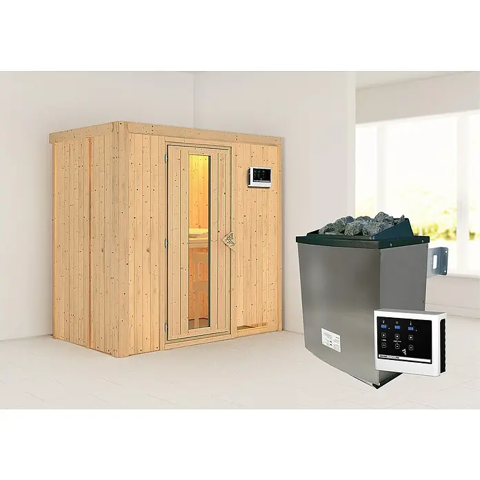 Karibu Elementsauna Nafidi - 9 kW Saunaofen mit externer Steuerung, L x B x H: 118 x 196 x 198 cm - Eine moderne Sauna mit Holzverkleidung und einem Saunaofen mit Steinen, gesteuert über ein digitales Bedienfeld.