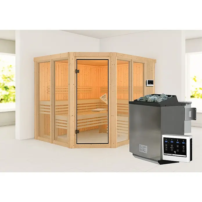 Karibu Elementsauna Katima - 9 kW Bio-Saunaofen mit externer Steuerung, L x B x H: 196 x 231 x 198 cm - Eine moderne Sauna mit Holzverkleidung und Glastür, inklusive Ofen und Steuerung. Ideal für Entspannung und Wellness zu Hause.