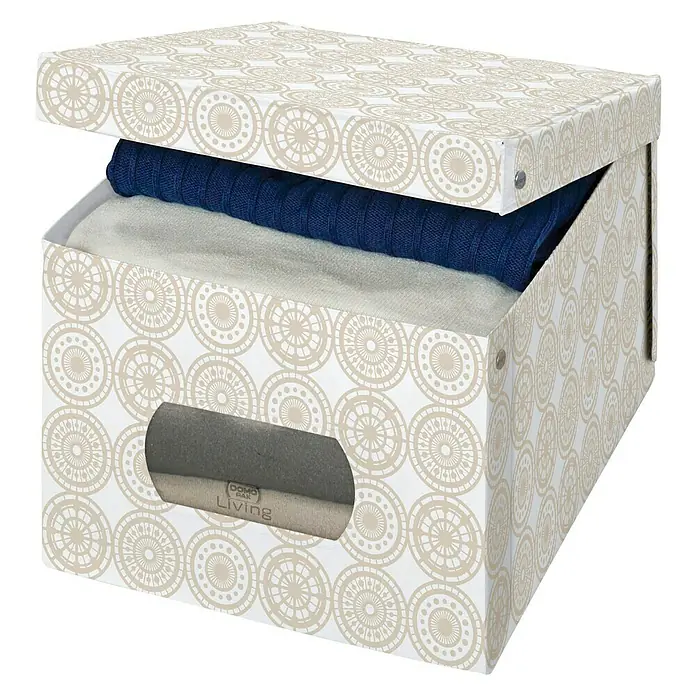 Caja para ropa Ella XL - 50 x 42 x 31 cm, Vinilo - Caja de almacenamiento de cartón con un patrón geométrico y una ventana de visualización. Ideal para guardar ropa y artículos del hogar.