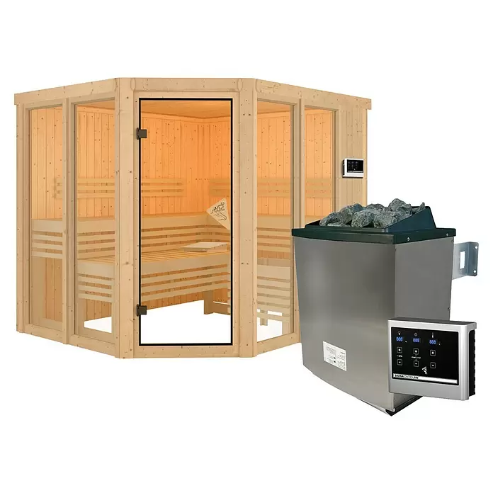 Karibu Elementsauna Katima - 9 kW Saunaofen mit externer Steuerung, L x B x H: 196 x 231 x 198 cm - Helle Holzsaunakabine mit Glastür/-paneelen und separatem Edelstahl-Saunaofen mit Bedienfeld und Saunasteinen.