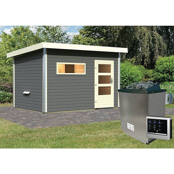 Karibu Saunahaus Danga (9 kW Saunaofen mit externer Steuerung, Terragrau, L x B x H: 231 x 336 x 227 cm) | BAUHAUS