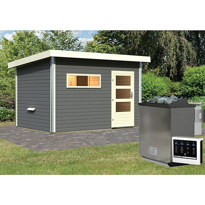 Karibu Saunahaus Danga (9 kW Bio-Saunaofen mit externer Steuerung, Terragrau, L x B x H: 231 x 336 x 227 cm) | BAUHAUS