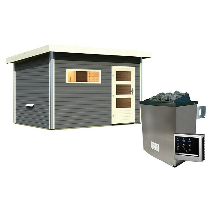 Karibu Saunahaus Danga (9 kW Saunaofen mit externer Steuerung, Terragrau, L x B x H: 231 x 336 x 227 cm) | BAUHAUS