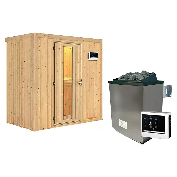 Karibu Elementsauna Nafidi - 9 kW Saunaofen mit externer Steuerung, L x B x H: 118 x 196 x 198 cm - Helle Holzsaunakabine mit Glastür und Bedienfeld, dazu ein silberner Saunaofen mit Steinen und Steuerung.