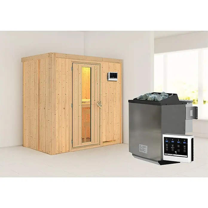 Karibu Elementsauna Nafidi - 9 kW Bio-Saunaofen mit externer Steuerung, L x B x H: 118 x 196 x 198 cm - Innenaufnahme einer Sauna und eines Saunaofens mit Steinen. Die Sauna ist aus hellem Holz gefertigt, der Ofen aus Edelstahl mit Bedienfeld.