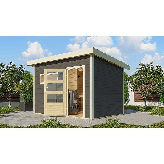 Karibu Saunahaus Danga (9 kW Saunaofen mit externer Steuerung, Terragrau, L x B x H: 231 x 336 x 227 cm) | BAUHAUS