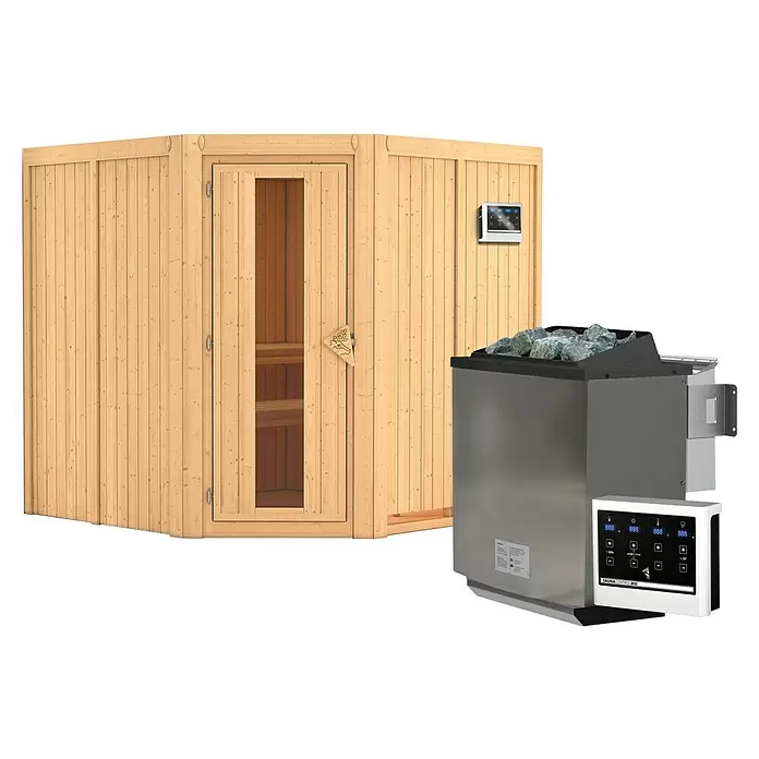 Karibu Elementsauna Gibeon - 9 kW Bio-Saunaofen mit externer Steuerung, L x B x H: 196 x 196 x 198 cm - Helle Holzsaunakabine mit Glastür und einem externen Edelstahl-Saunaofen mit Steinen und zwei digitalen Bedienfeldern.