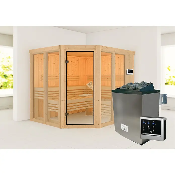 Karibu Elementsauna Katima - 9 kW Saunaofen mit externer Steuerung, L x B x H: 196 x 231 x 198 cm - Sauna-Design: Eine moderne Ecksauna aus hellem Holz mit Glastür und einem Ofen mit Steinen für ein entspannendes Saunaerlebnis.