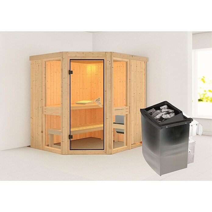 Karibu Massivholzsauna Arandis (9 kW Saunaofen mit integrierter Steuerung, L x B x H: 184 x 210 x 198 cm) | BAUHAUS