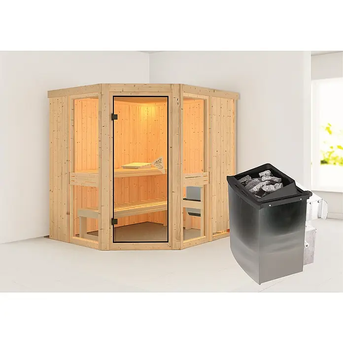 Karibu Massivholzsauna Arandis - 9 kW Saunaofen mit integrierter Steuerung, L x B x H: 184 x 210 x 198 cm - Helles Holz Saunakabine mit Ofen. Der Saunaofen ist ein Highlight und sorgt für angenehme Wärme, perfekt für entspannende Momente.